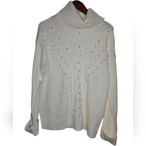 Charter Club White Soft Pearl Embellished Turtleneck Fisherman's Sweater L Large